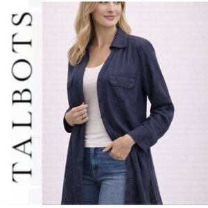 Talbots Deep Blue Linen Jacket Tunic Button Down Longline Top Size 16W